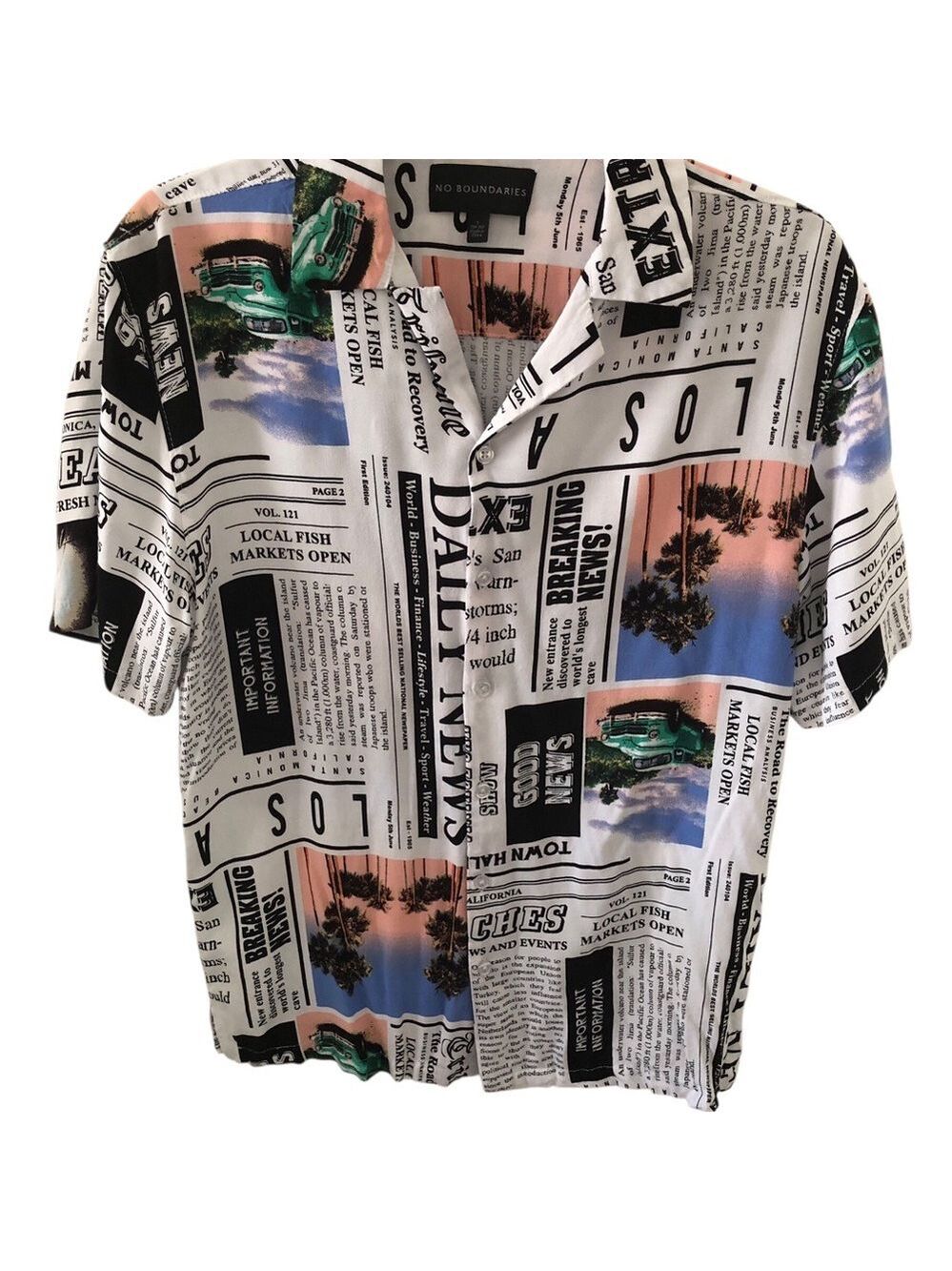 Size S No Boundaries Newspaper Print Camp Shirt Vintage Car Trees Resort Wear